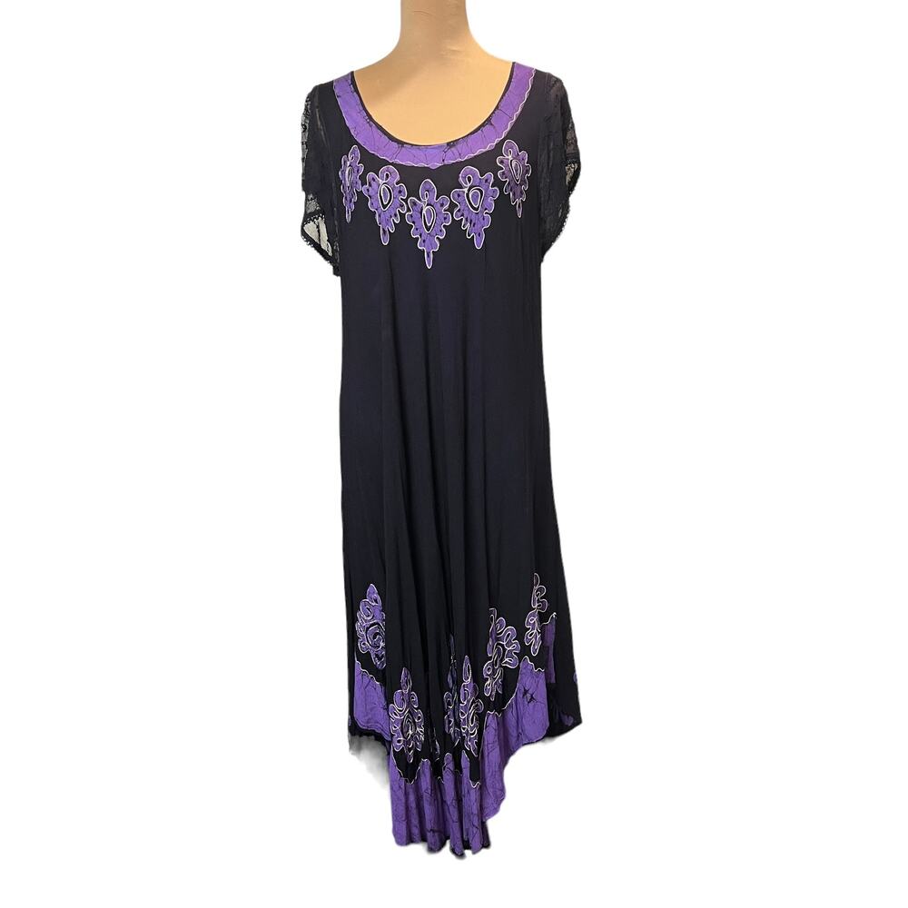 ADVANCE APPARELS Gauzy Black & Violet Batik Style Maxi Dress Lace Sleeves  OS